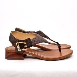 MICHAEL KORS MK Mini Logo Gold Plate Thong Flat Buckle Up Brown Sandals